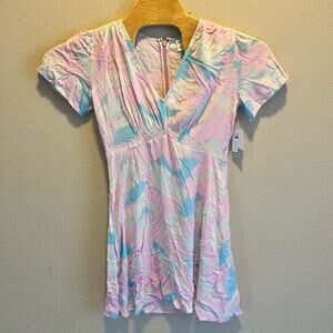 BP. Womens V-neck Short Sleeve‎ Crepe Dress In Pink- Blue Painted Camo Small